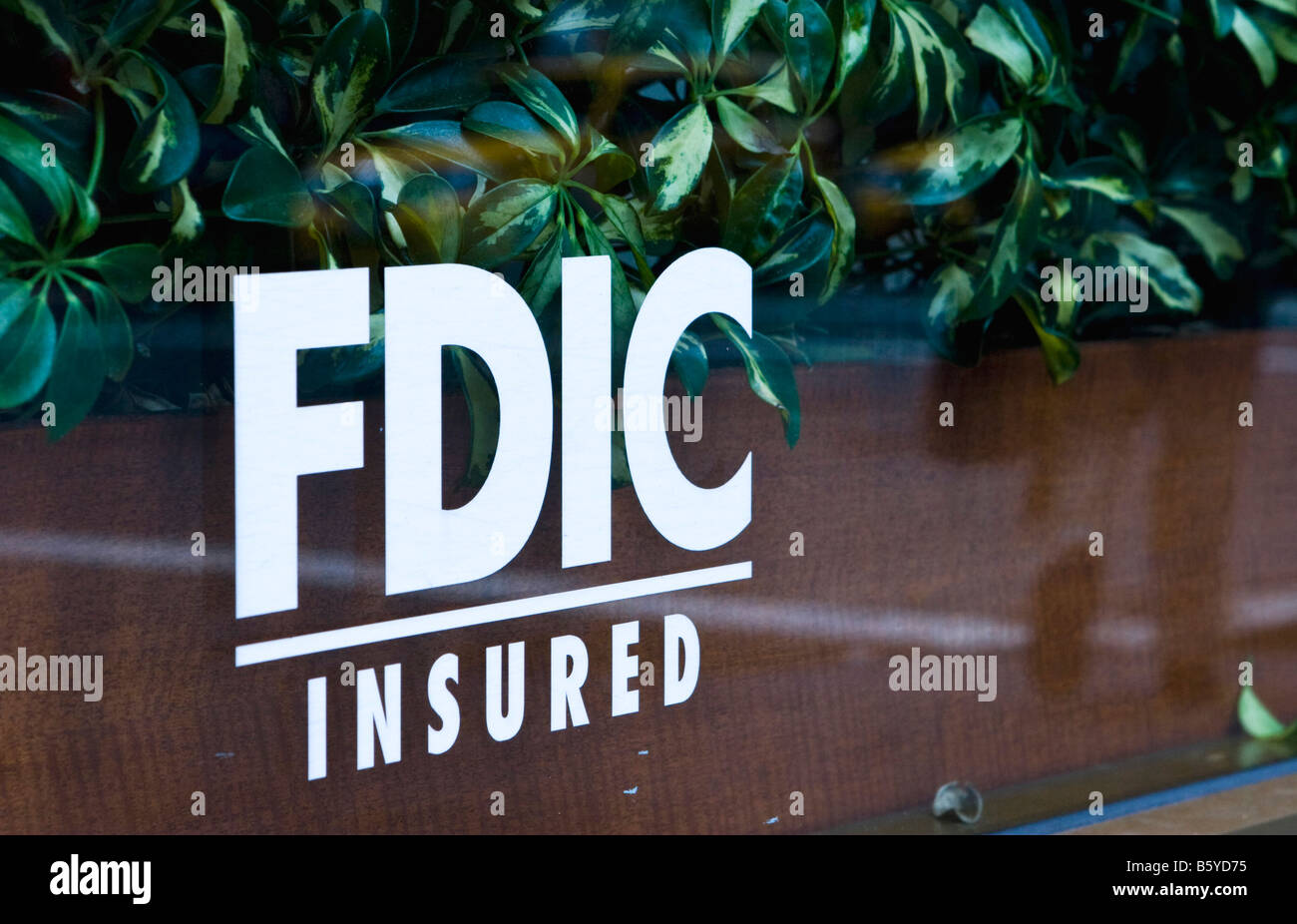Un uomo si riflette in una finestra di una banca la pubblicità che è FDIC assicurati in New York, NY Foto Stock