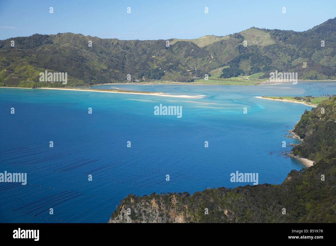 Aqua Farm Wainui Bay Golden Bay Nelson regione Isola del Sud della Nuova Zelanda antenna Foto Stock