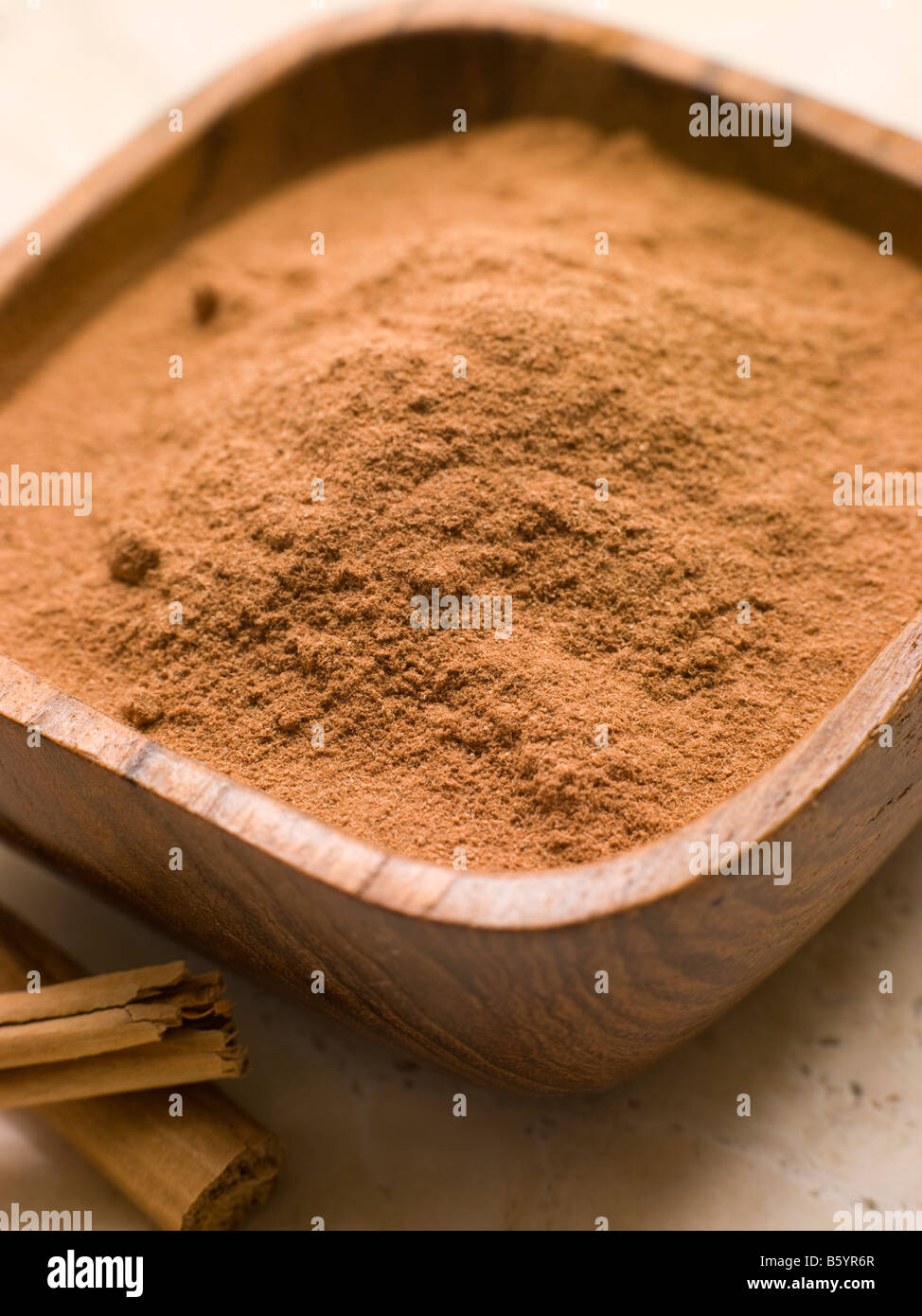 La cannella in polvere con Corteccia di Cannella Foto Stock