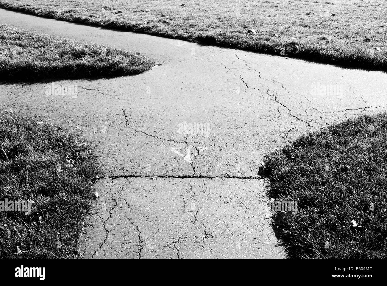 Una immagine in bianco e nero di un percorso che va in direzioni diverse con erba e crepe nel percorso Foto Stock
