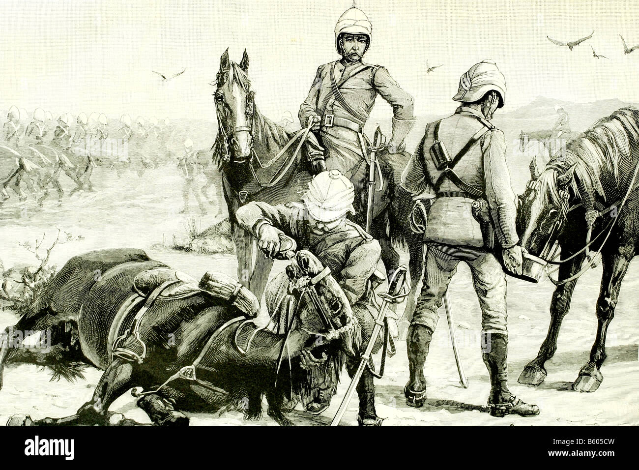 Sete di cavalli della cavalleria britannica. Guerra in Sudan (1881 - 1899). Illustrazione di antiquariato. 1885. Foto Stock