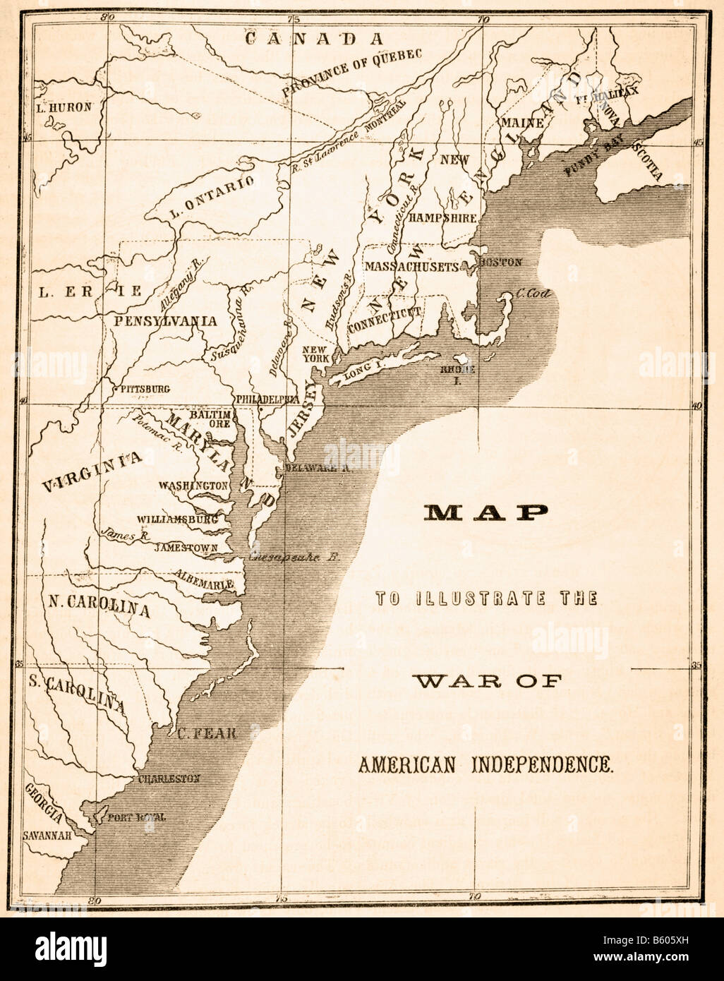 Mappa che illustra la geografia pertinenti per la Guerra di Indipendenza Americana Foto Stock
