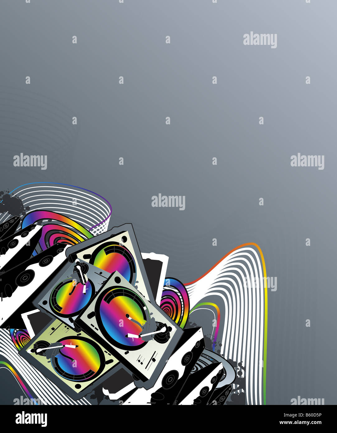 Illustrazione vettoriale di un giradischi e altoparlanti music design con colori Arcobaleno rivestita di arte e spirali rétro Foto Stock