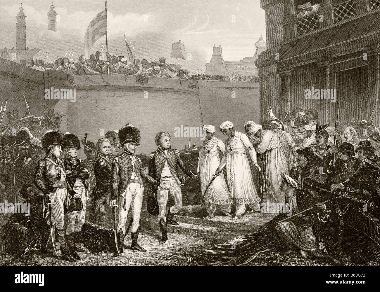 La rinuncia dei due figli del sultano Tippoo durante l assedio di Seringapatam nel terzo Anglo Mysore guerra Foto Stock