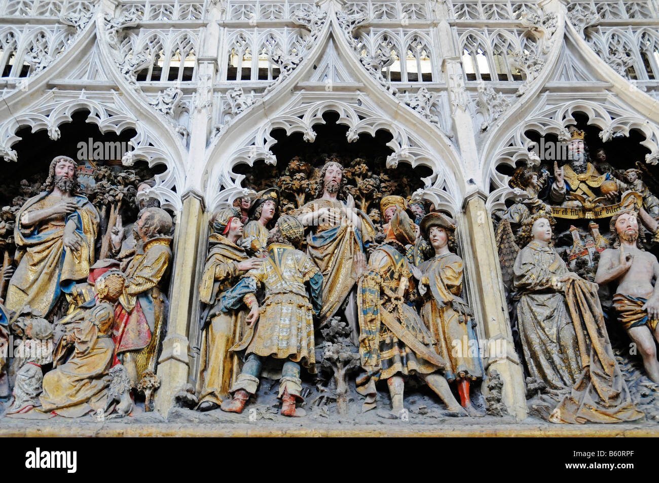 Coro, decorazione, rappresentazione biblica, la cattedrale di Notre Dame, Amiens, Picardia, Francia, Europa Foto Stock