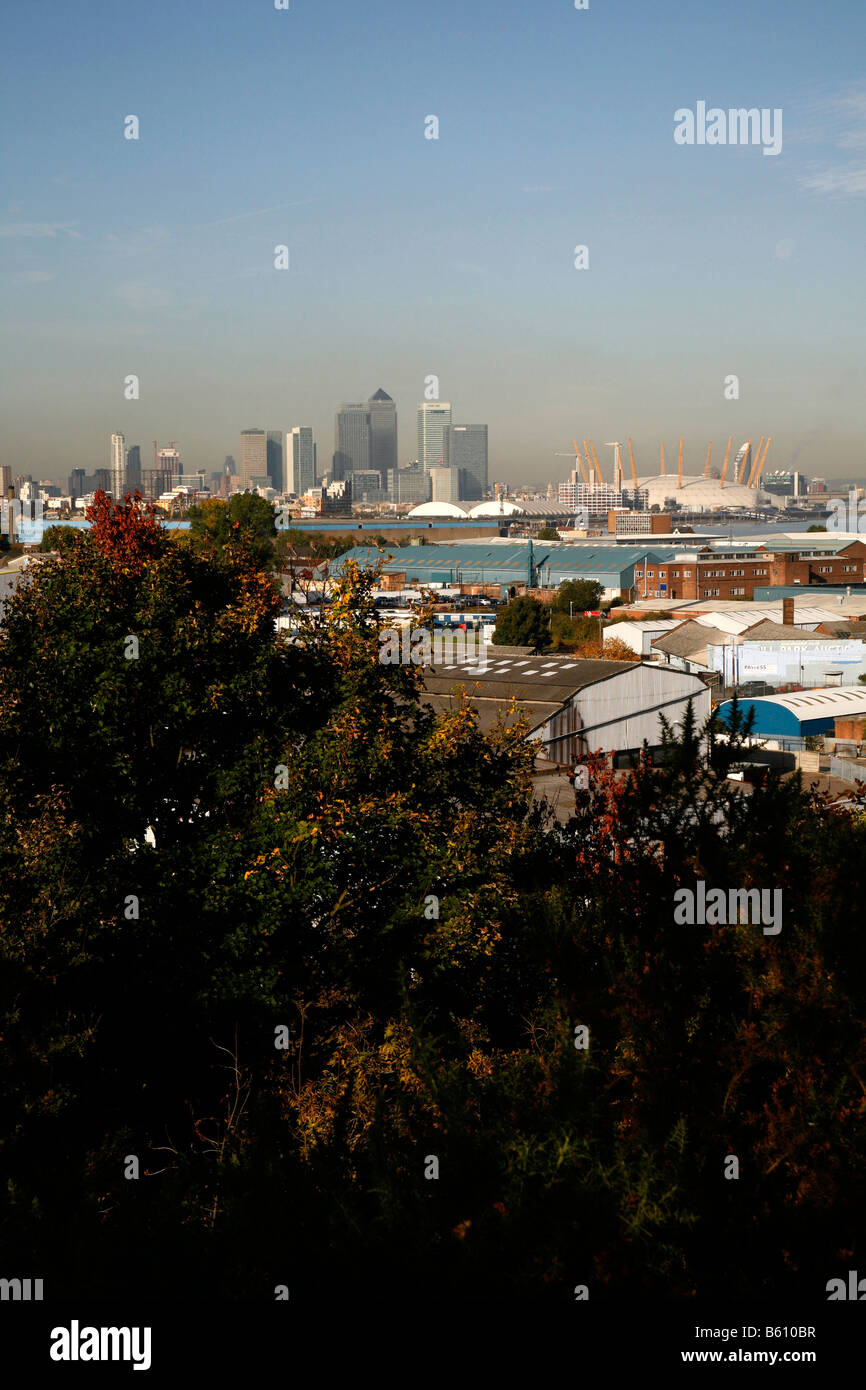 Vista del Canary Wharf da Maryon Park, Charlton, Londra Foto Stock