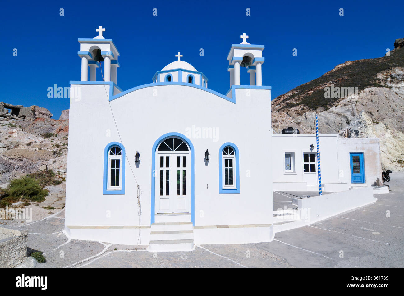 Chiesa Greco Ortodossa in Firopotamos sull'Isola di Milos, Cicladi Isola Gruppo, Grecia, Europa Foto Stock