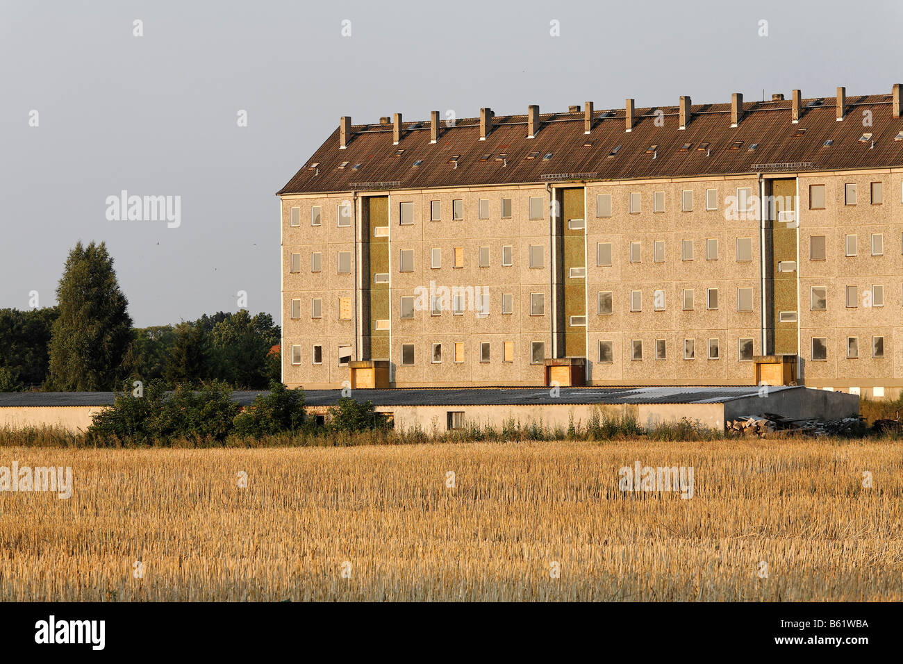 Tipica casa prefabbricate della ex DDR, in corrispondenza del bordo di un campo di stoppie, Wilhelmsaue, regione di Oderbruch, quartiere Maerkisch-Oderland Foto Stock