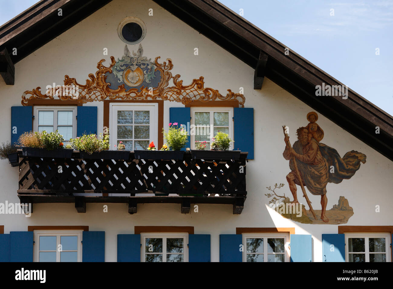 Ex residenza di Wilhelm Leibl con pittura murale, in Schondorf sul Lago Ammersee, Fuenfseenland, Alta Baviera, Germania, UE Foto Stock