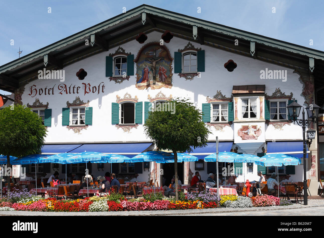 Alte Post Hotel a Oberammergau, Alta Baviera, Germania, Europa Foto Stock