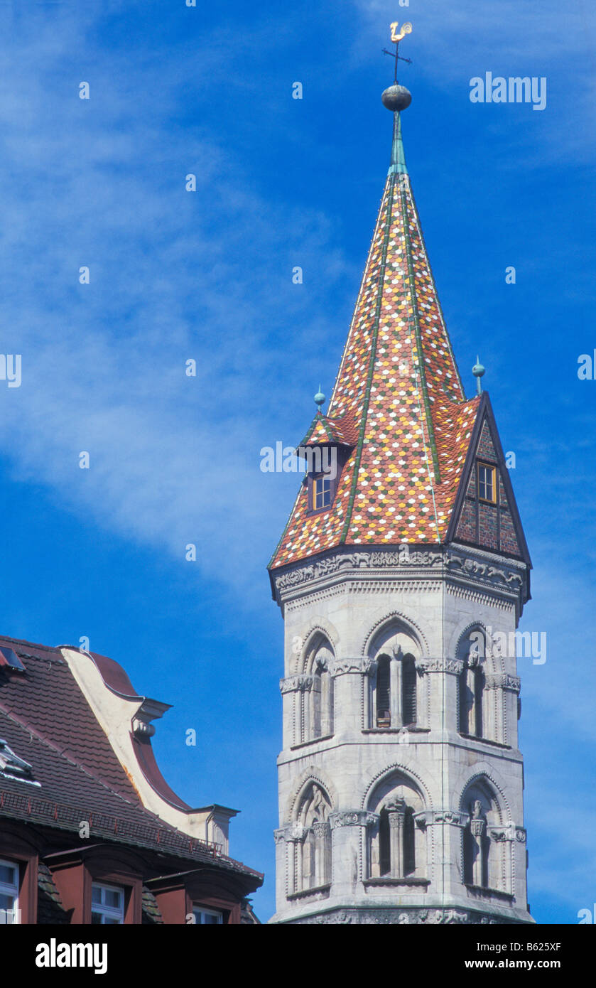 Chiesa Johanniskirche, Steeple, Schwaebisch Gmuend, Svevo, Baden Wurttemberg, Germania Foto Stock