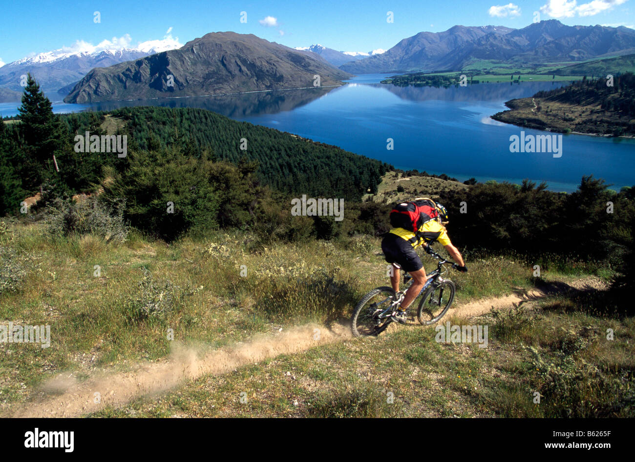 Mountainbiker, pescatori via, il lago Wanaka, Isola del Sud, Nuova Zelanda Foto Stock