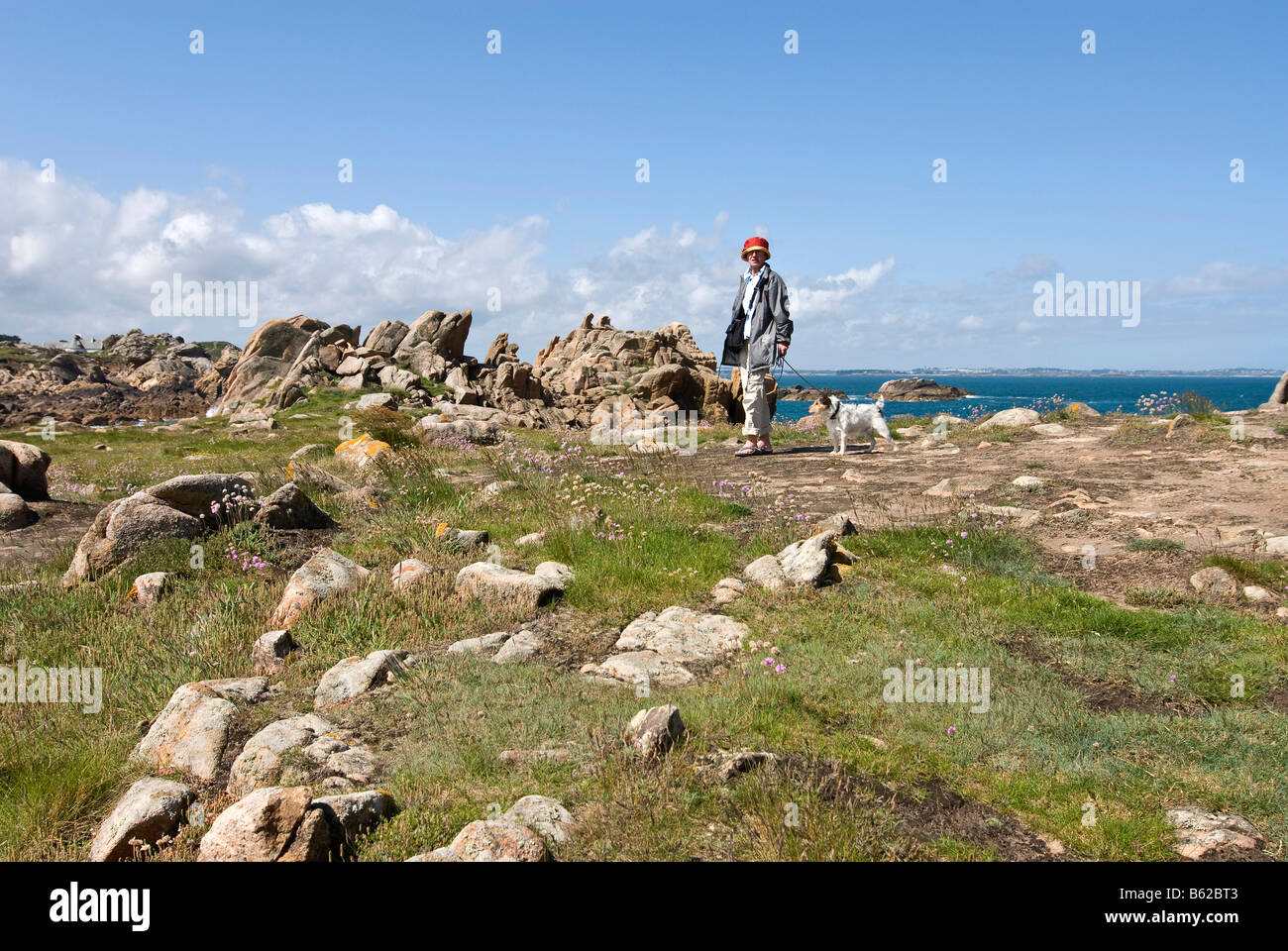 Donna che cammina il suo Jack Russel Terrier lungo la costa rocciosa vicino Le Diben, Bretagne, Bretagna, Francia, Europa Foto Stock