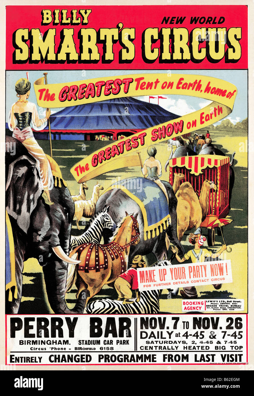 Billy di Smarts Circus degli anni cinquanta poster per la visita del più grande spettacolo sulla terra di Perry Bar in Birmingham Foto Stock