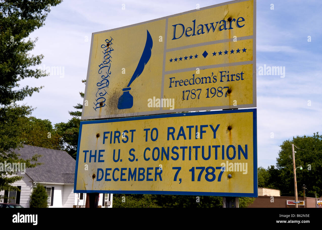 Benvenuto a Delaware segno del primo Stato nella storia degli Stati Uniti e prima di ratificare la Costituzione statunitense nel 1787 Periodo coloniale Foto Stock