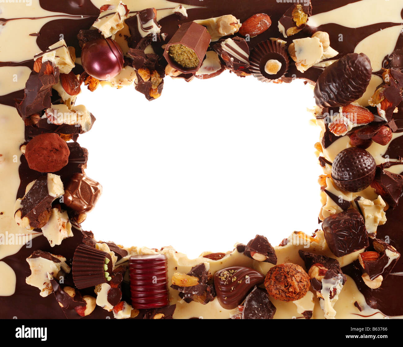 Telaio di cioccolato su sfondo bianco con la caramella Foto Stock