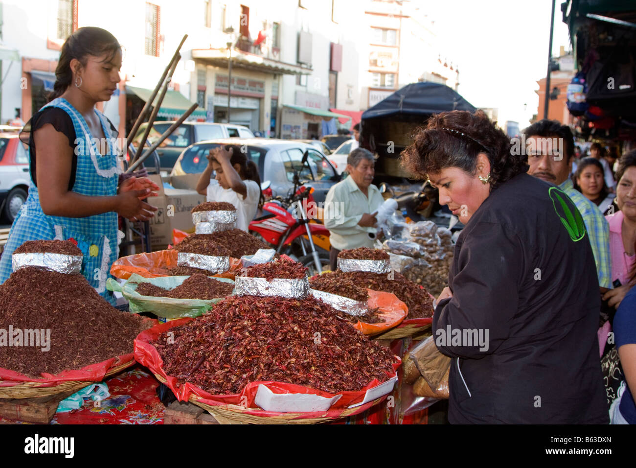 Oaxaca, Messico. Il giorno dei morti. Arrosto di cavallette per la vendita nel mercato vicino allo Zocalo. Foto Stock