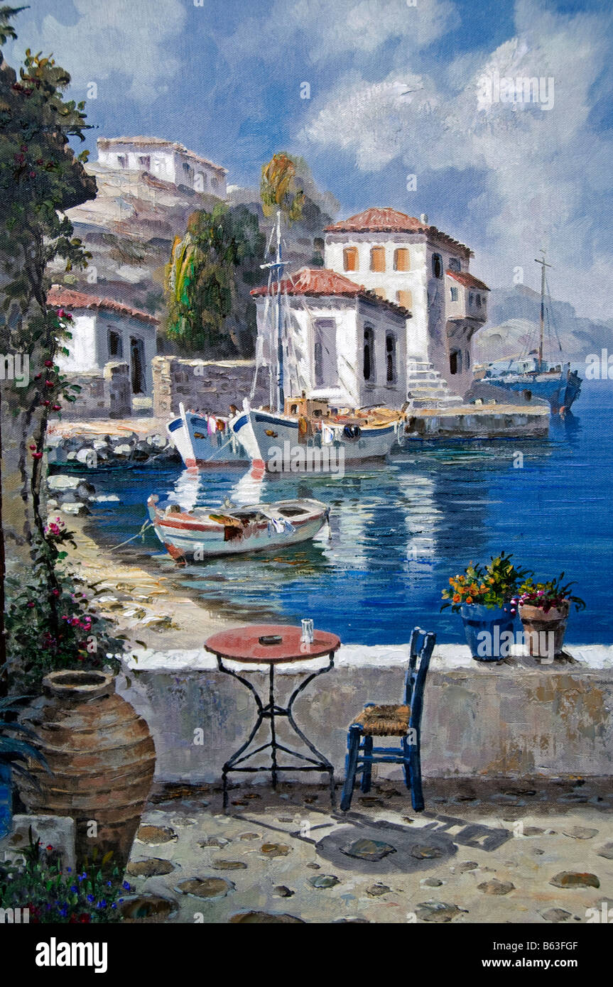 La Plaka gallery pittura barca casa bianca e il mare quartiere dello shopping Grecia greco Foto Stock