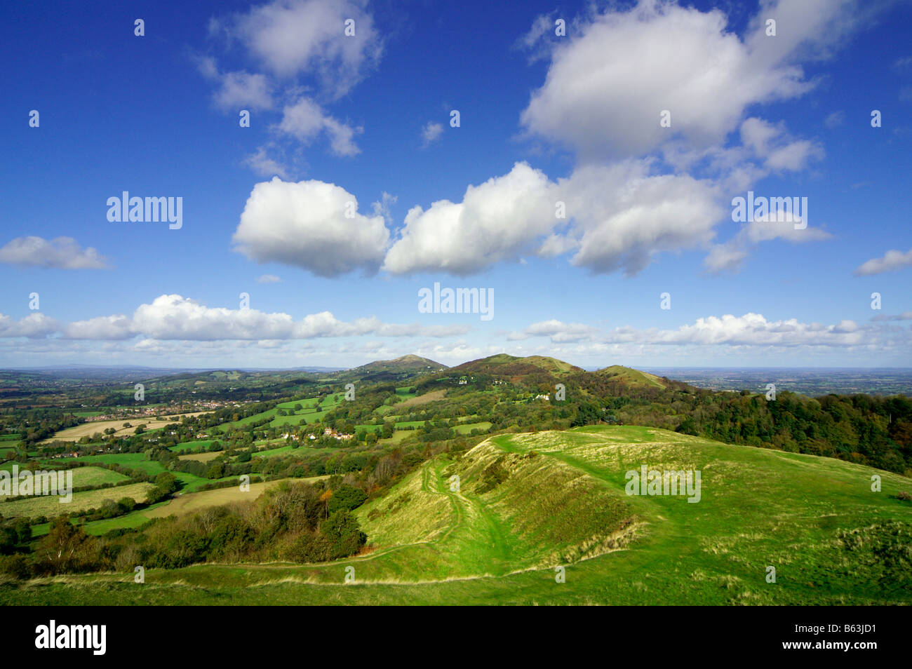 Vista nord dal British accampamento lungo il paesaggio collinare della Malvern Hills Foto Stock