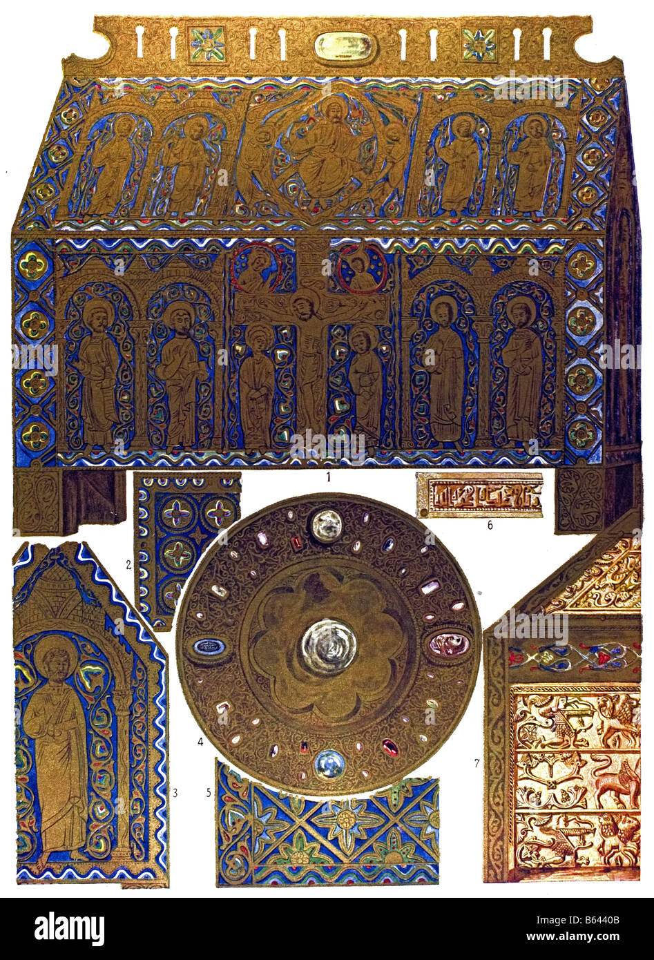 Ornamento medievale in Spagna, romanico-bizantino di oggetti di culto dal chiostro di San Domingo de Silos. Foto Stock
