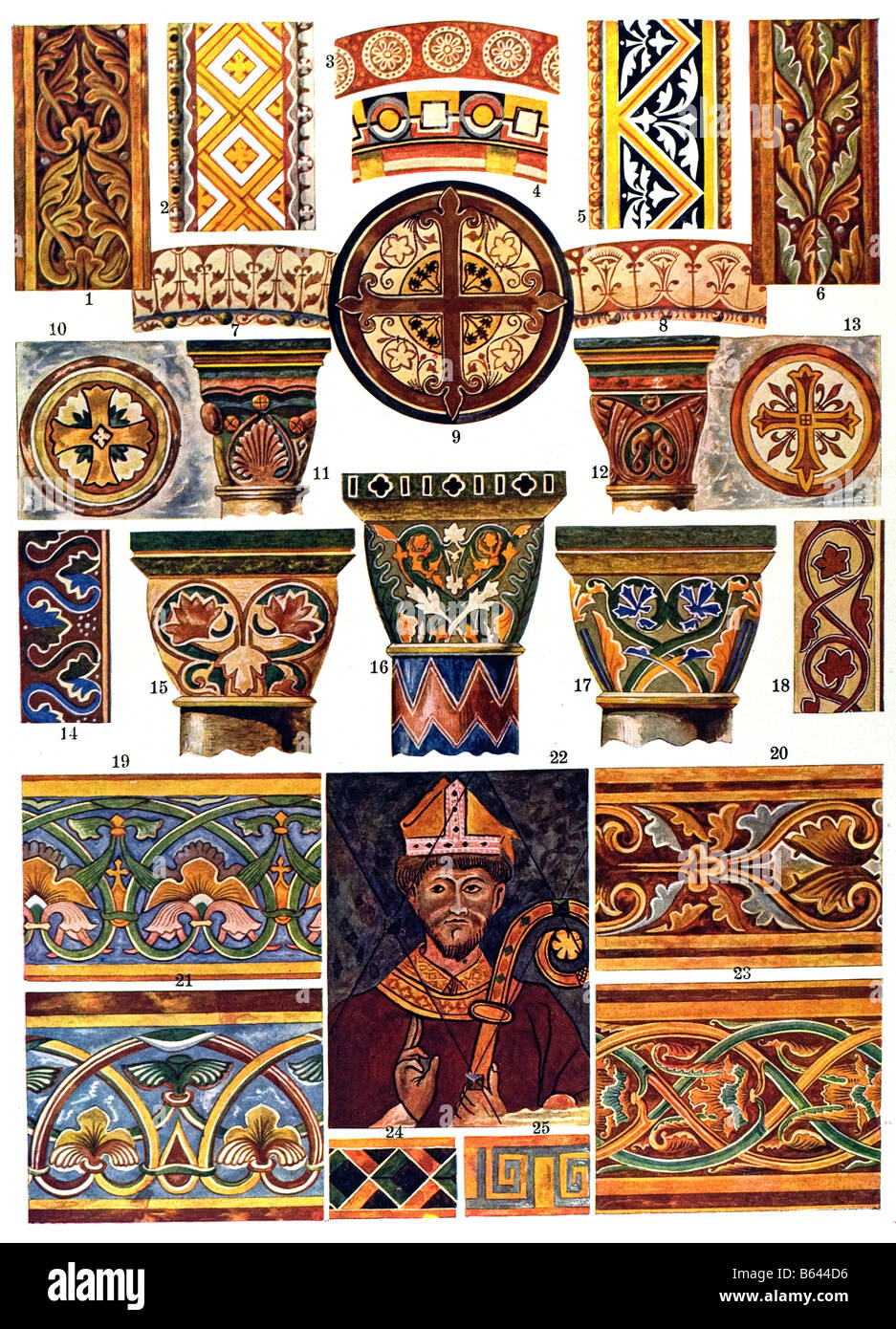 Ornamento medievale in Francia, romanico di dipinti murali. Foto Stock