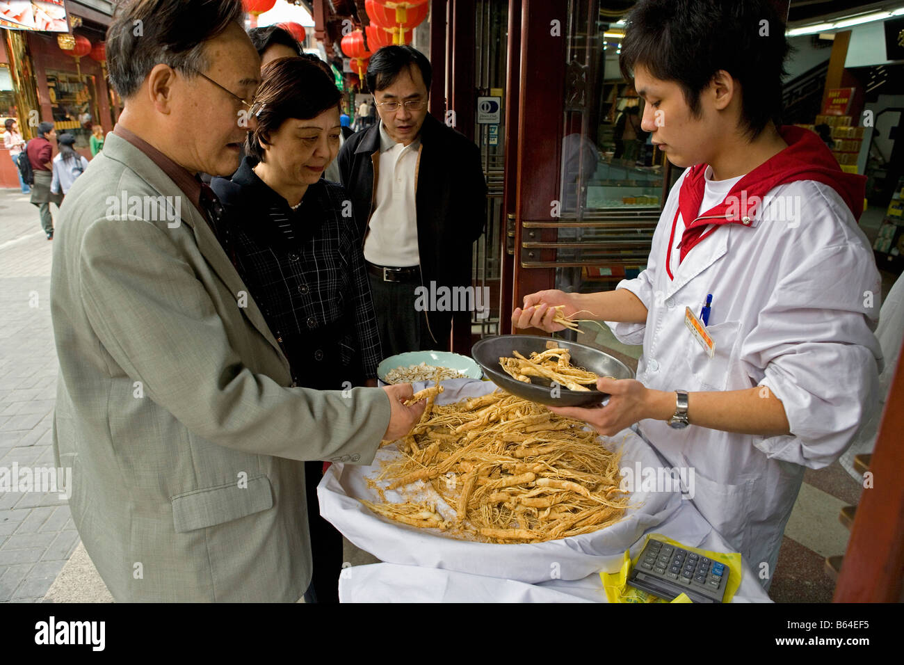 Cina, Shanghai, Ginseng al negozio di erbe. Foto Stock