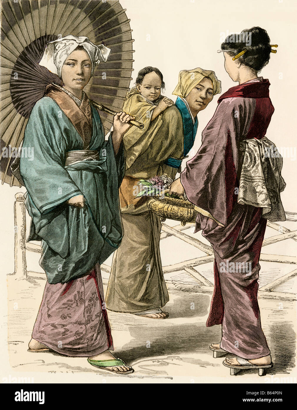 Le ragazze giapponesi e una donna con il suo bambino di indossare vestiti tradizionali 1800s. Colorate a mano la stampa Foto Stock Le ragazze giapponesi e una donna con il suo bambino di indossare vestiti tradizionali 1800s. Colorate a mano la stampa Foto Stock