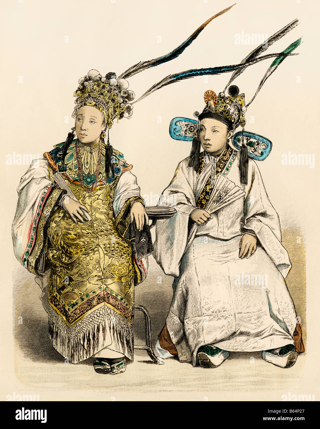 Il cinese di classe superiore ladies nel loro raffinatezze 1800s. Colorate a mano la stampa Foto Stock Il cinese di classe superiore ladies nel loro raffinatezze 1800s. Colorate a mano la stampa Foto Stock