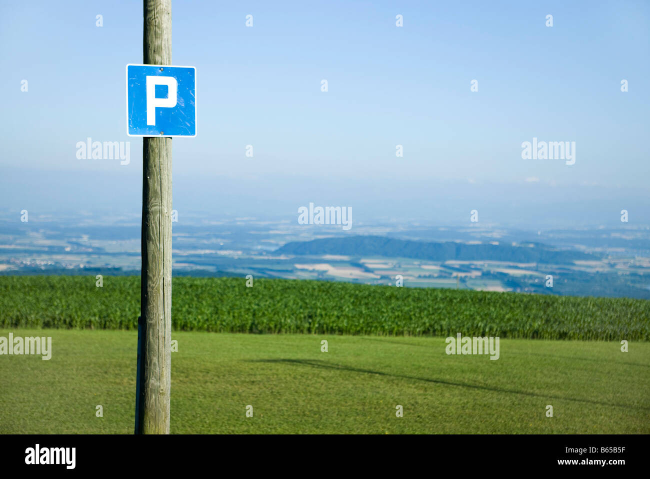 Cartello stradale della lettera 'p', Campagna in background Foto Stock