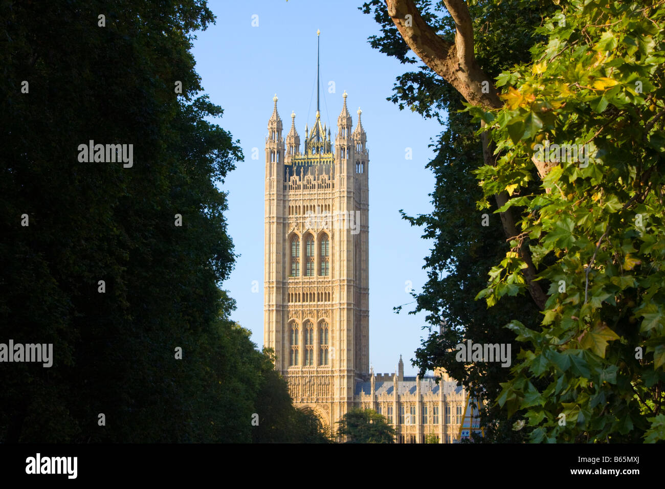Victoria Tower presso il Palazzo di Westminster (noto anche come le Case del Parlamento o il Palazzo di Westminster) da Black Rod's Garden Foto Stock