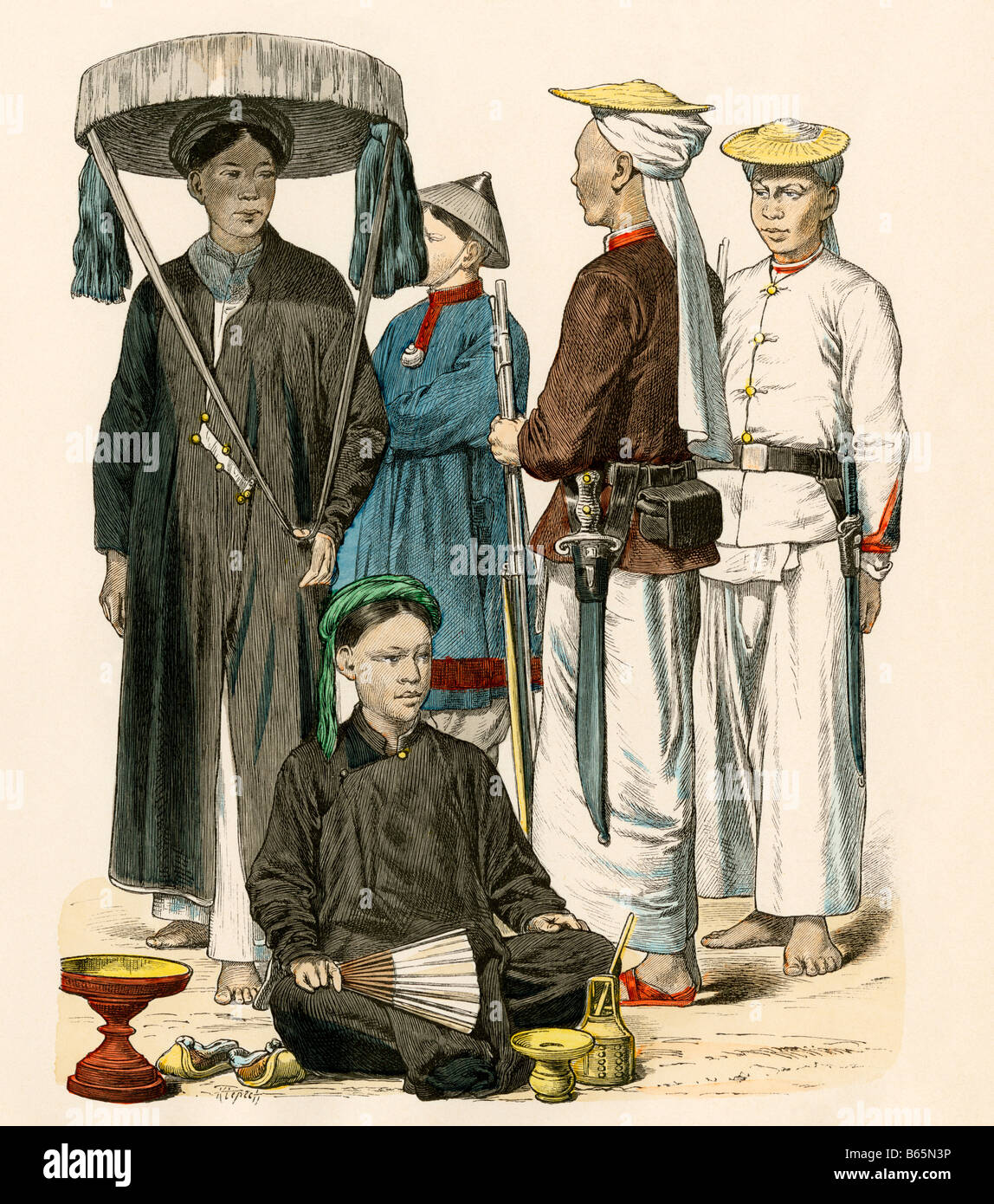 Donne e soldati del Tonchino, ora in Vietnam, in abito nativa 1800s. Colorate a mano la stampa Foto Stock