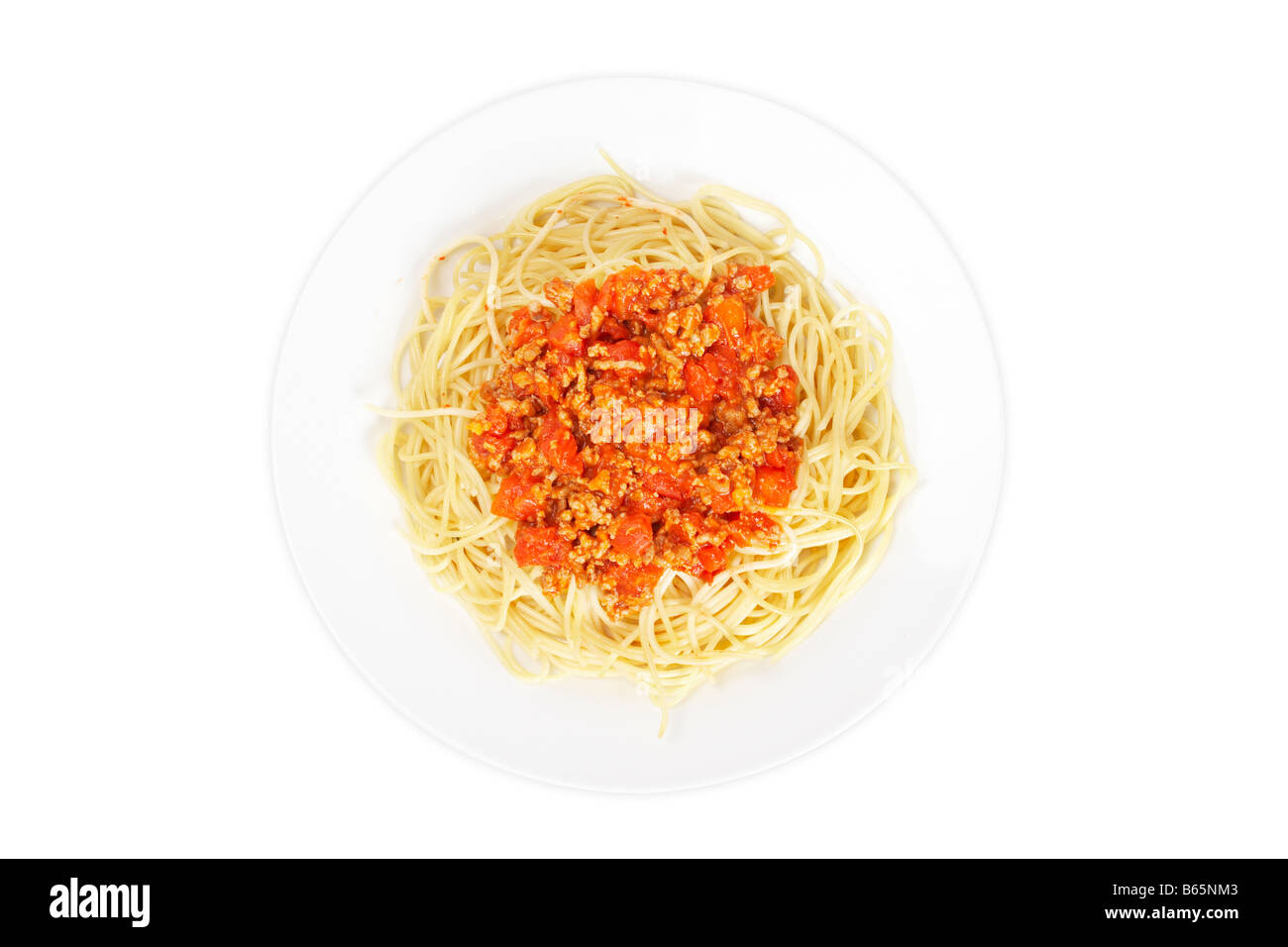 Spaghetti con salsa di pomodoro e carne solo per mangiare isolato con morbida ombra Foto Stock