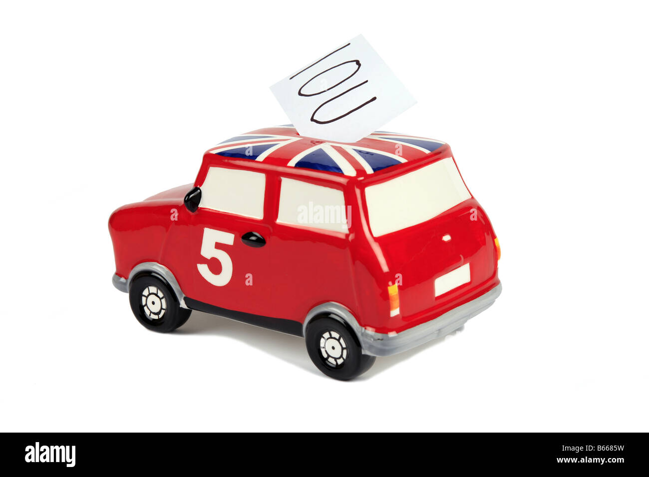 A British Leyland Red Mini Salvadanaio con un IOU Foto Stock