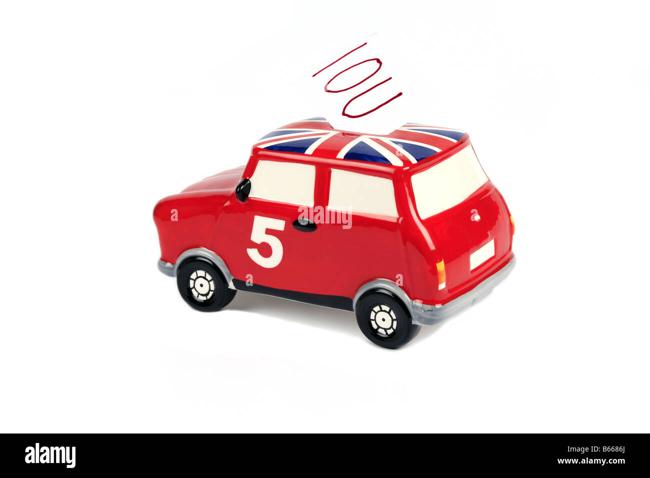 A British Leyland Red Mini Salvadanaio con un IOU Foto Stock