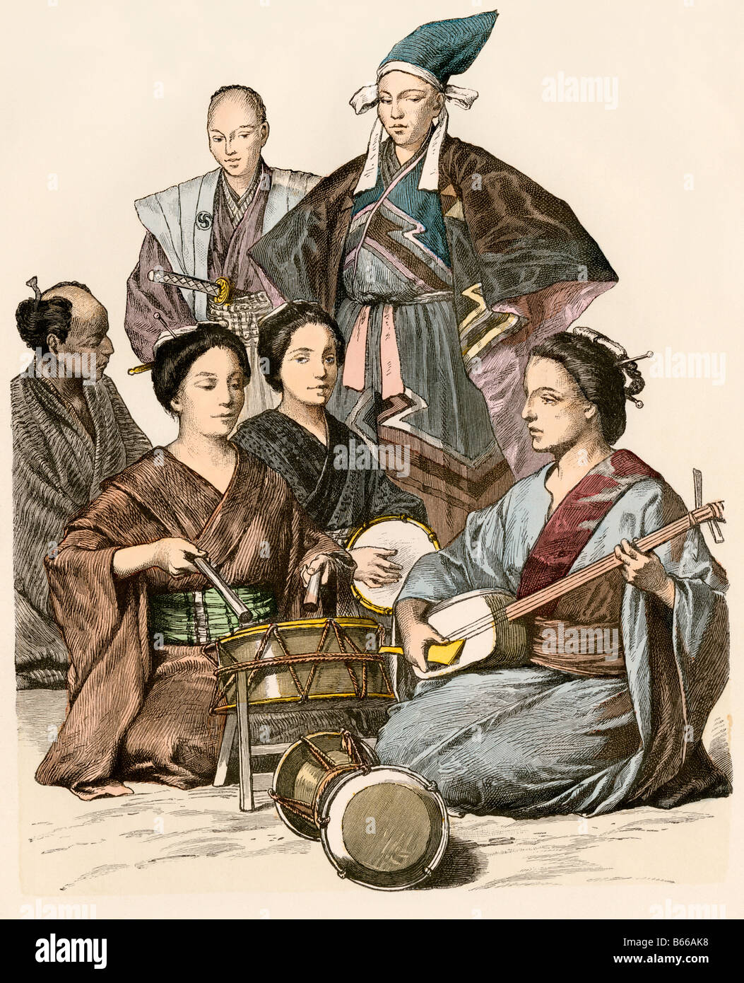 Le donne giapponesi la riproduzione di musica e tamburi indossando abiti tradizionali. Colorate a mano la stampa Foto Stock