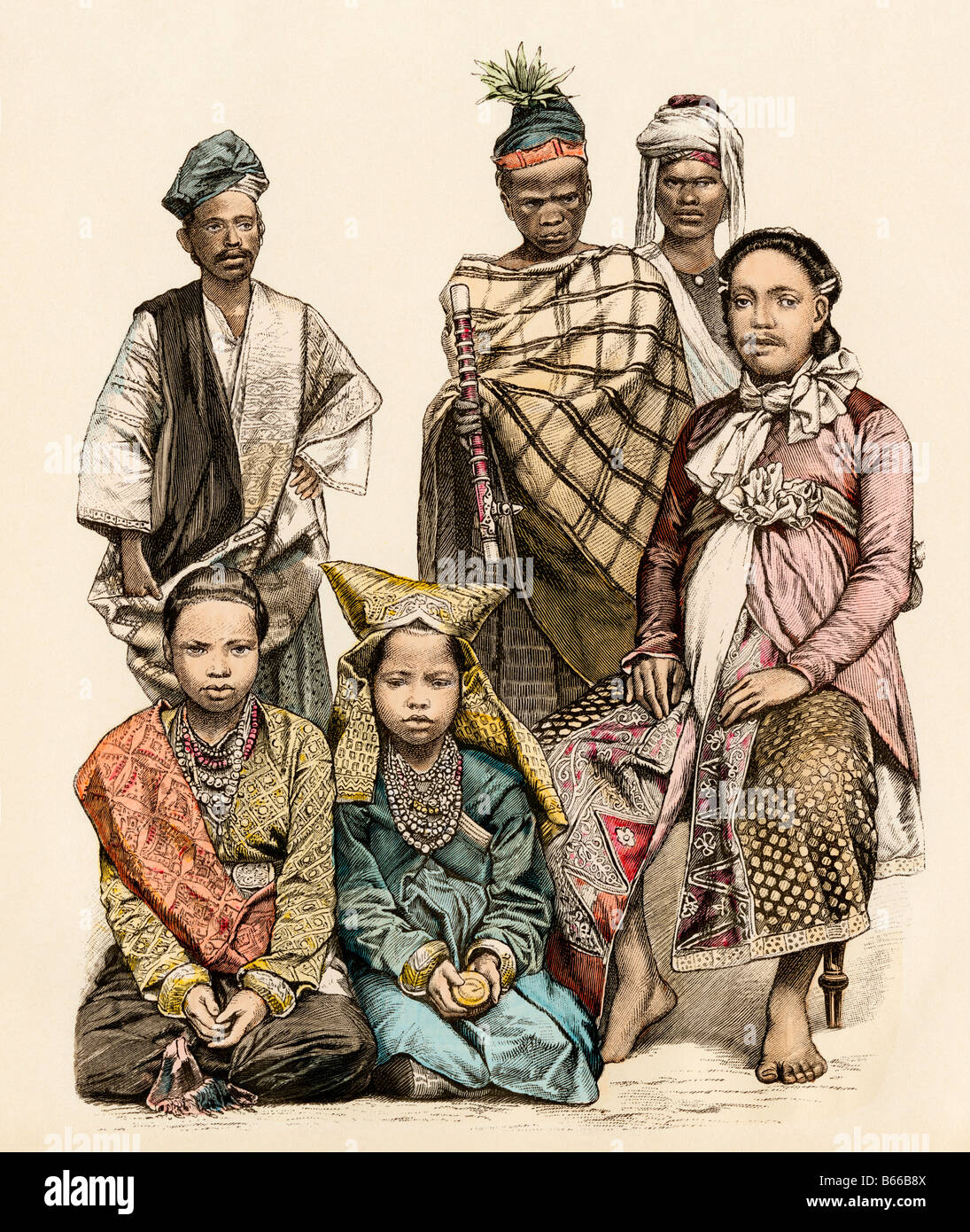 Malesi di Sumatra e sulla destra un uomo da Celebes 1800s. Colorate a mano la stampa Foto Stock
