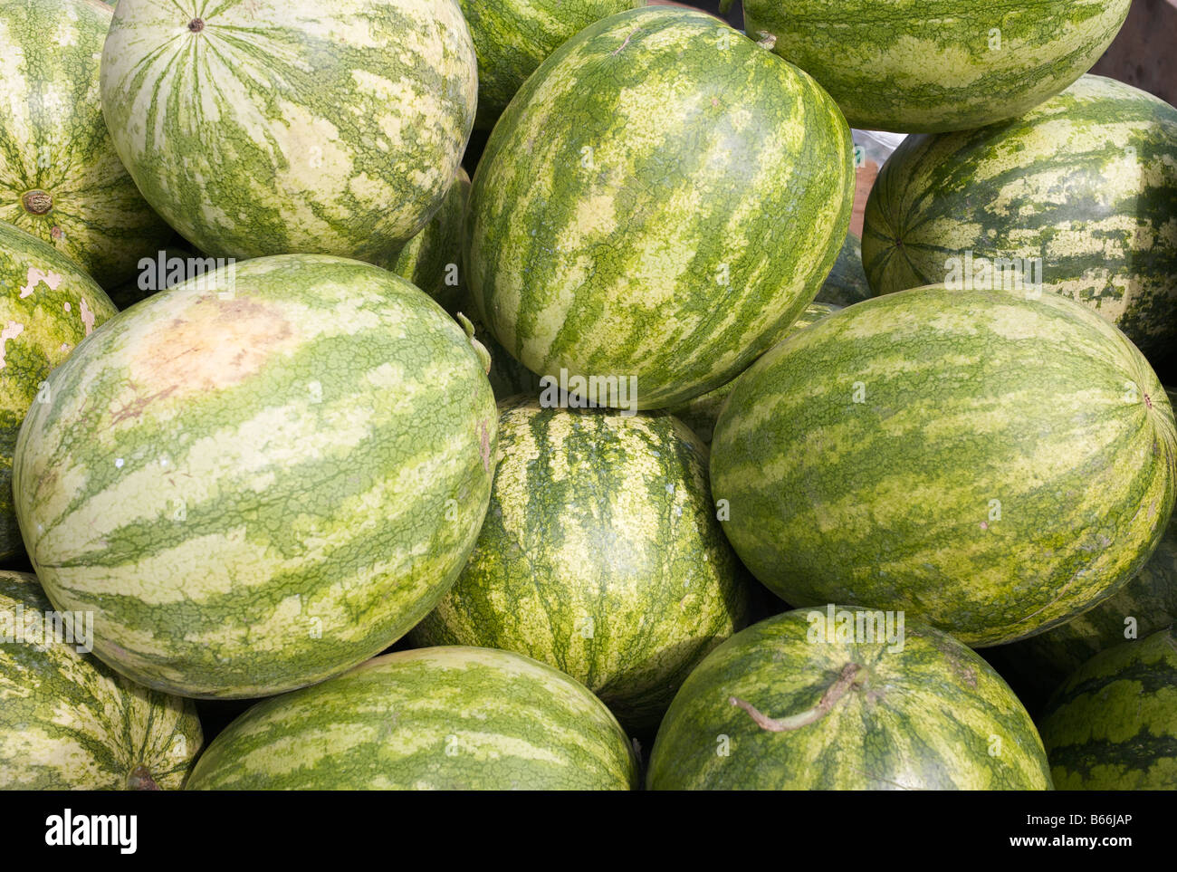 Un mazzetto di cocomeri per la vendita in un mercato all'aperto Foto Stock