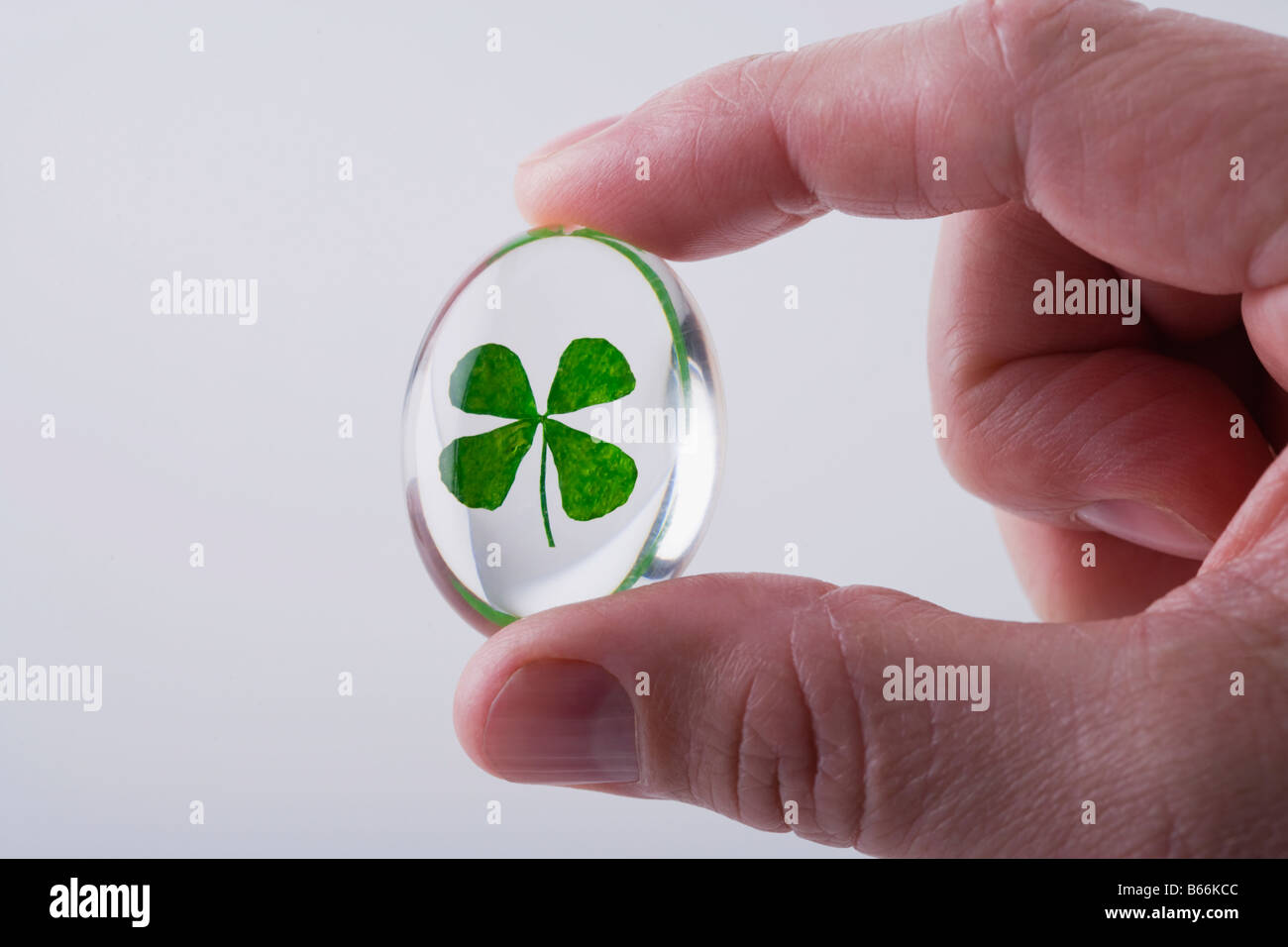 Mano d'uomo azienda quadrifoglio in piccola sfera di vetro Foto Stock