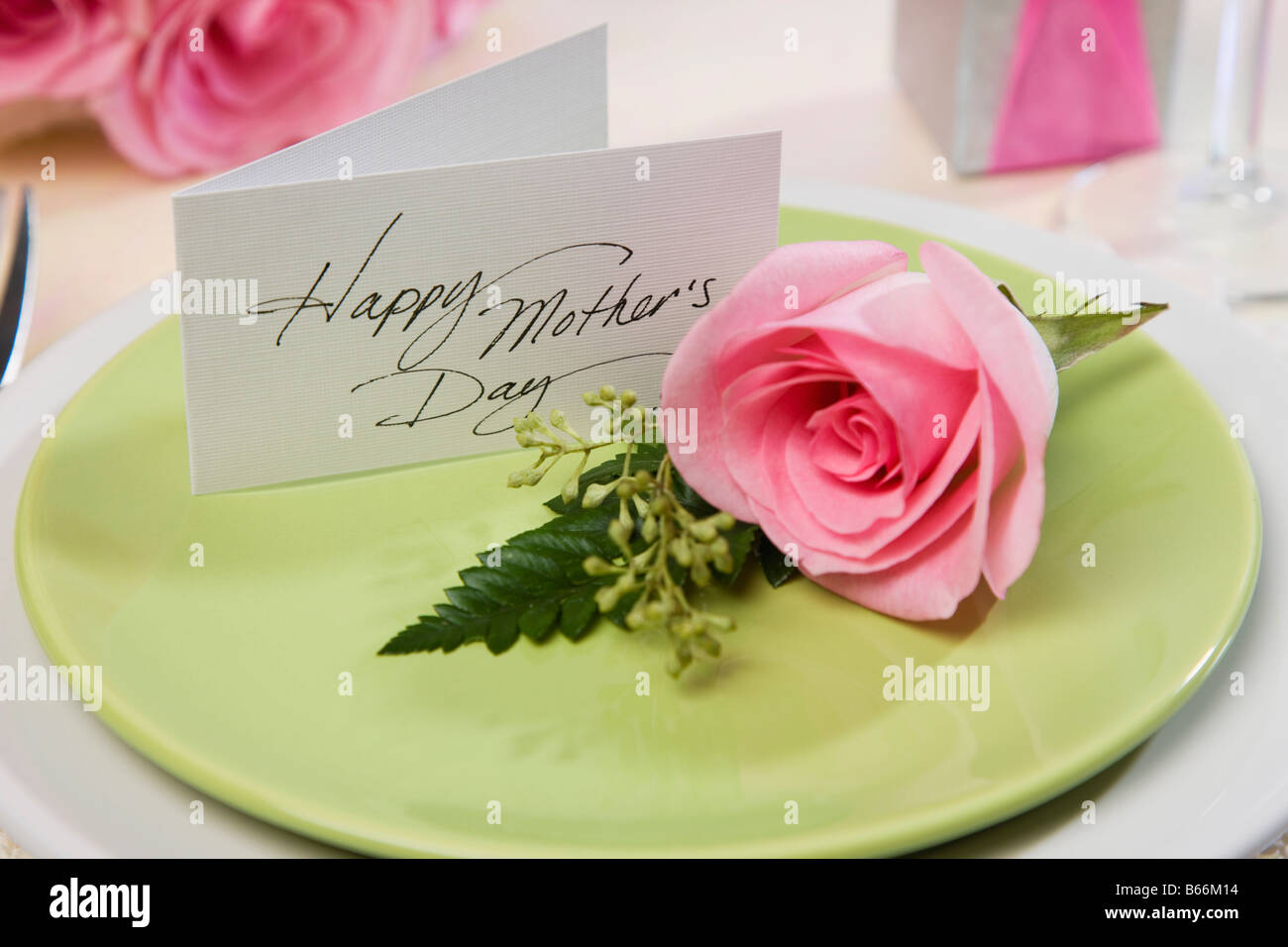 Impostazione tabella con i fiori per la festa della mamma Foto Stock