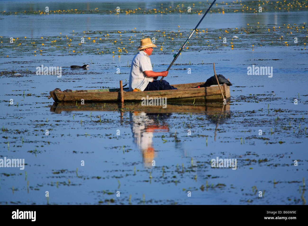 Pescatore sul fiume Slutch, Starokostiantyniv, Khmelnytskyi oblast (provincia), Podolia (Podilia Podillya), Ucraina Foto Stock