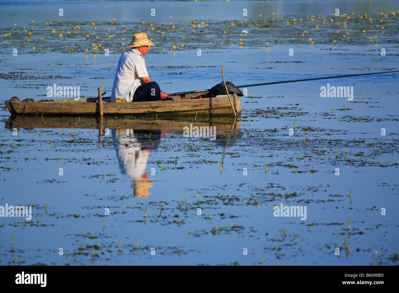 Pescatore sul fiume Slutch, Starokostiantyniv, Khmelnytskyi oblast (provincia), Podolia (Podilia Podillya), Ucraina Foto Stock