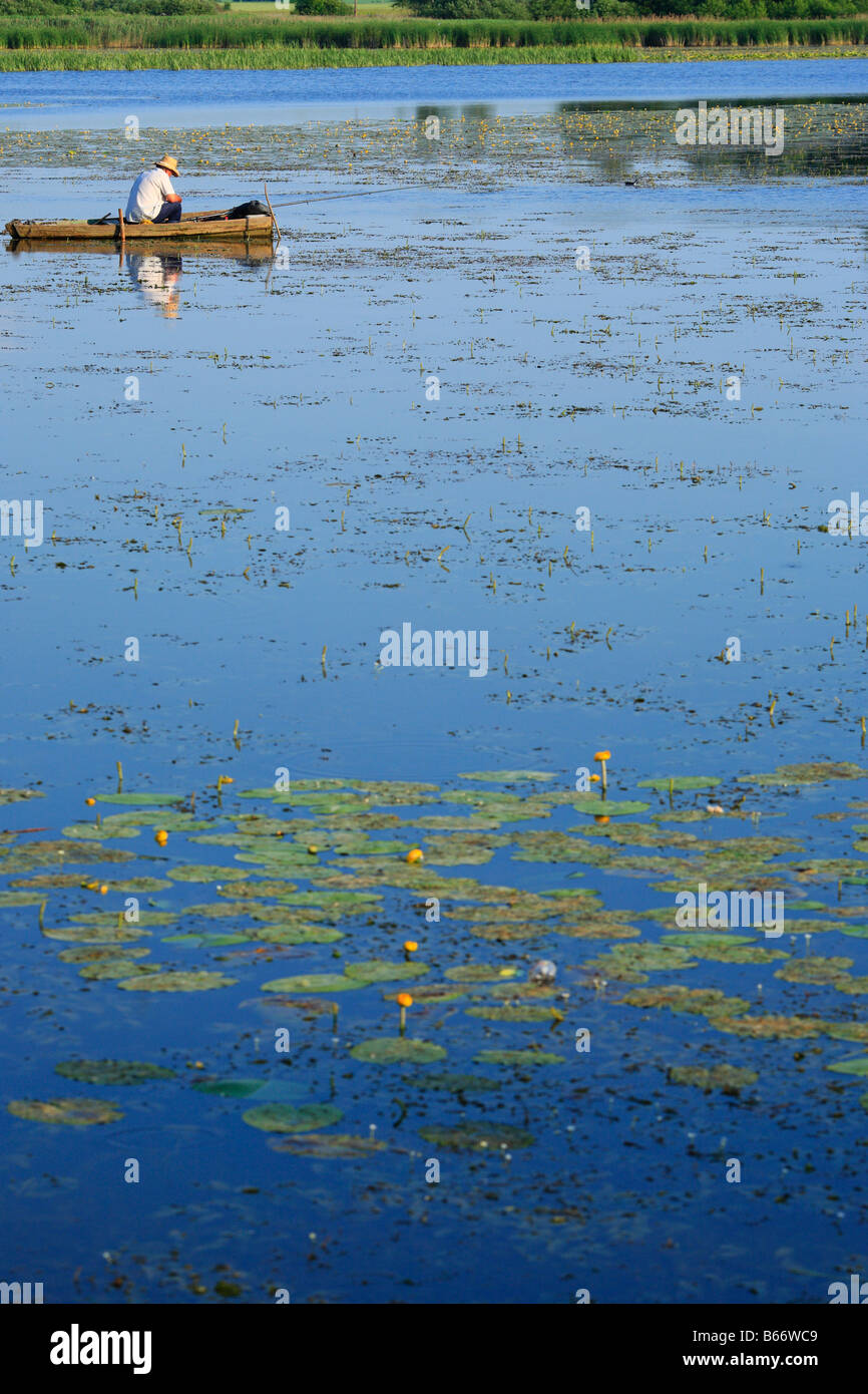 Pescatore sul fiume Slutch, Starokostiantyniv, Khmelnytskyi oblast (provincia), Podolia (Podilia Podillya), Ucraina Foto Stock