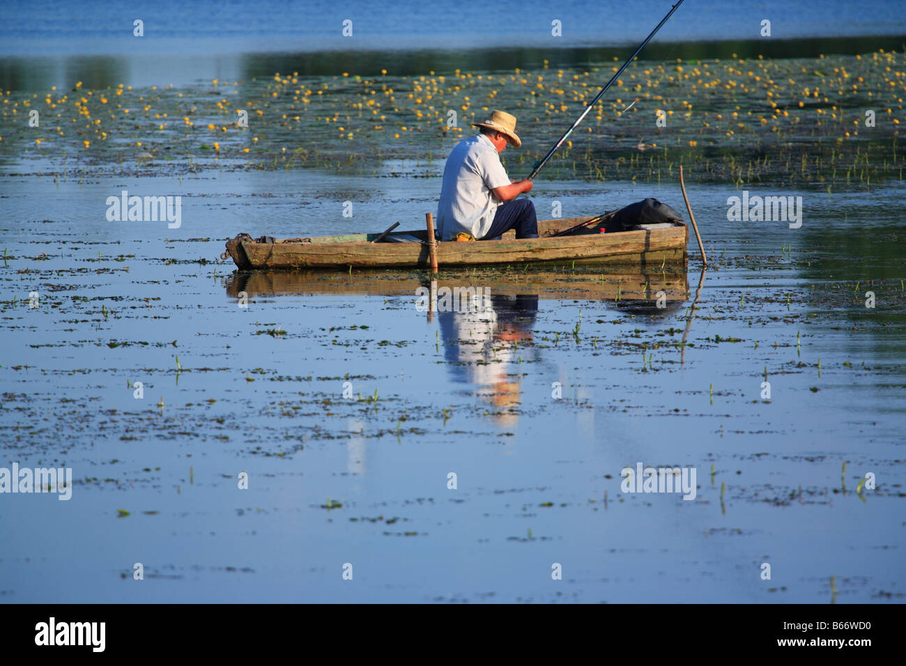 Pescatore sul fiume Slutch, Starokostiantyniv, Khmelnytskyi oblast (provincia), Podolia (Podilia Podillya), Ucraina Foto Stock