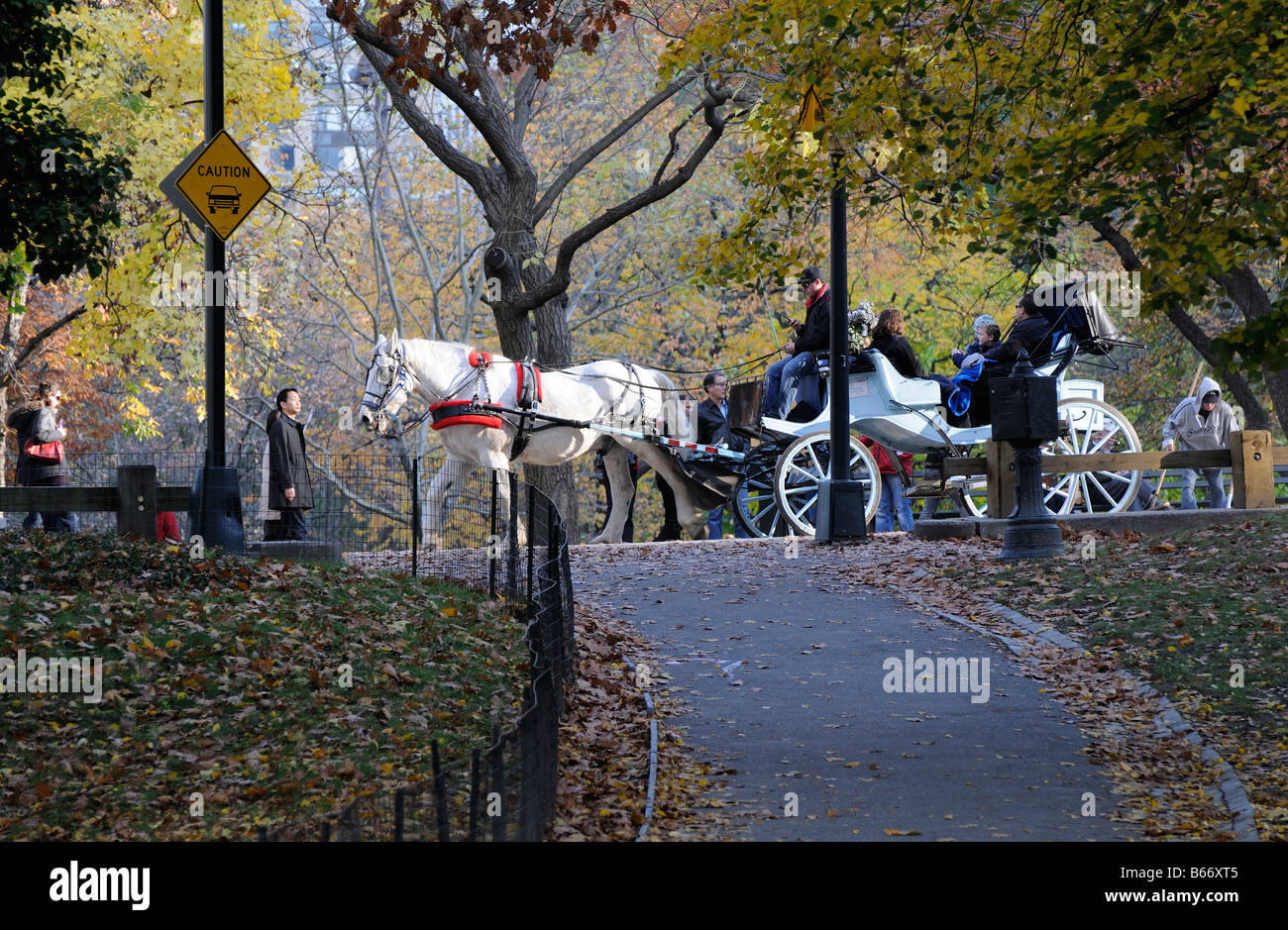 Il Central Park di New York cavallo e carrozza sulla West Drive in inverno Foto Stock
