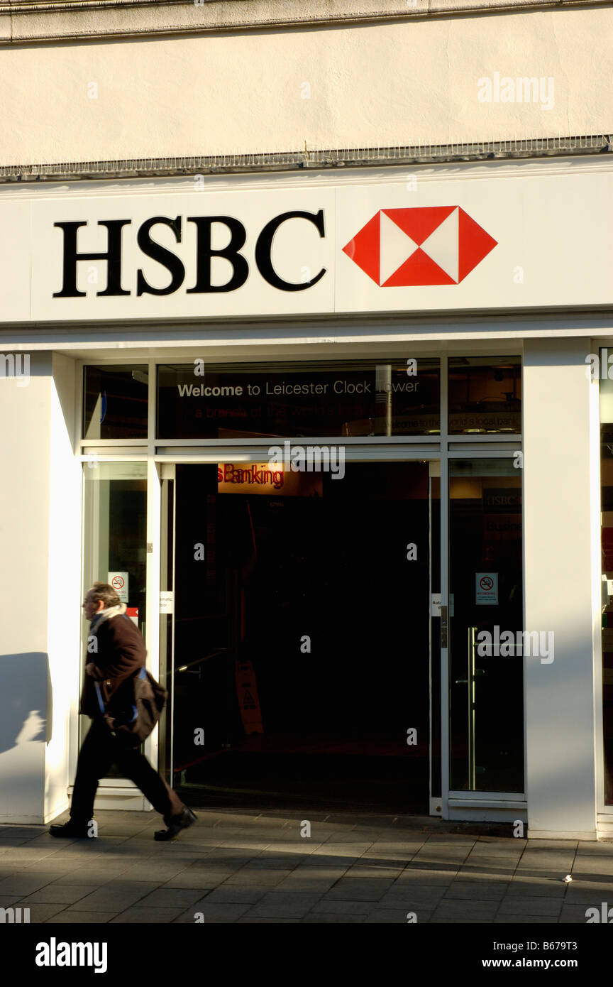 HSBC Bank segno sopra l'ingresso sul Gate Gallowtree in Leicester City Foto Stock