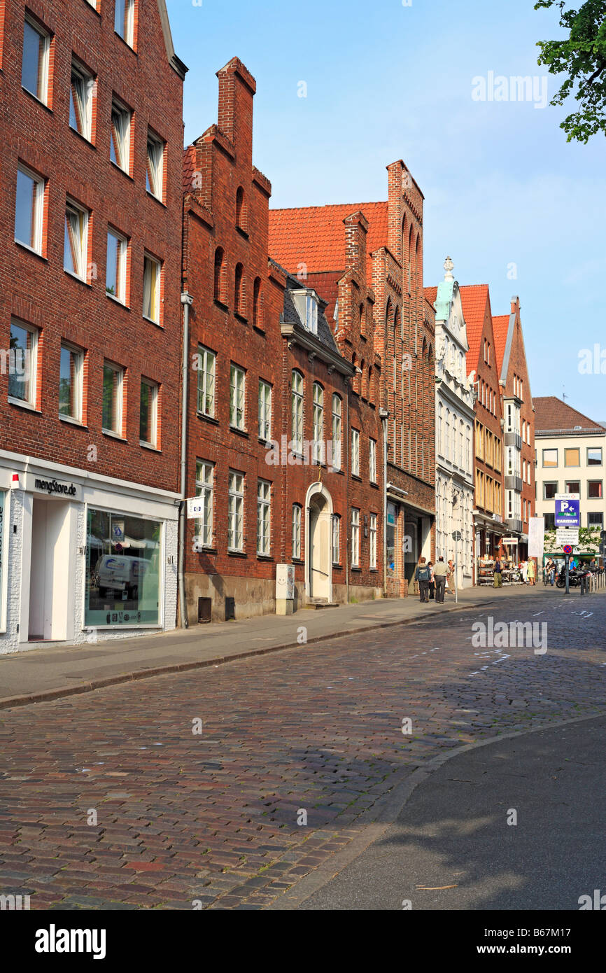 Città Architettura, street, rosso case in mattoni, Lubecca, Schleswig Holstein, Germania Foto Stock