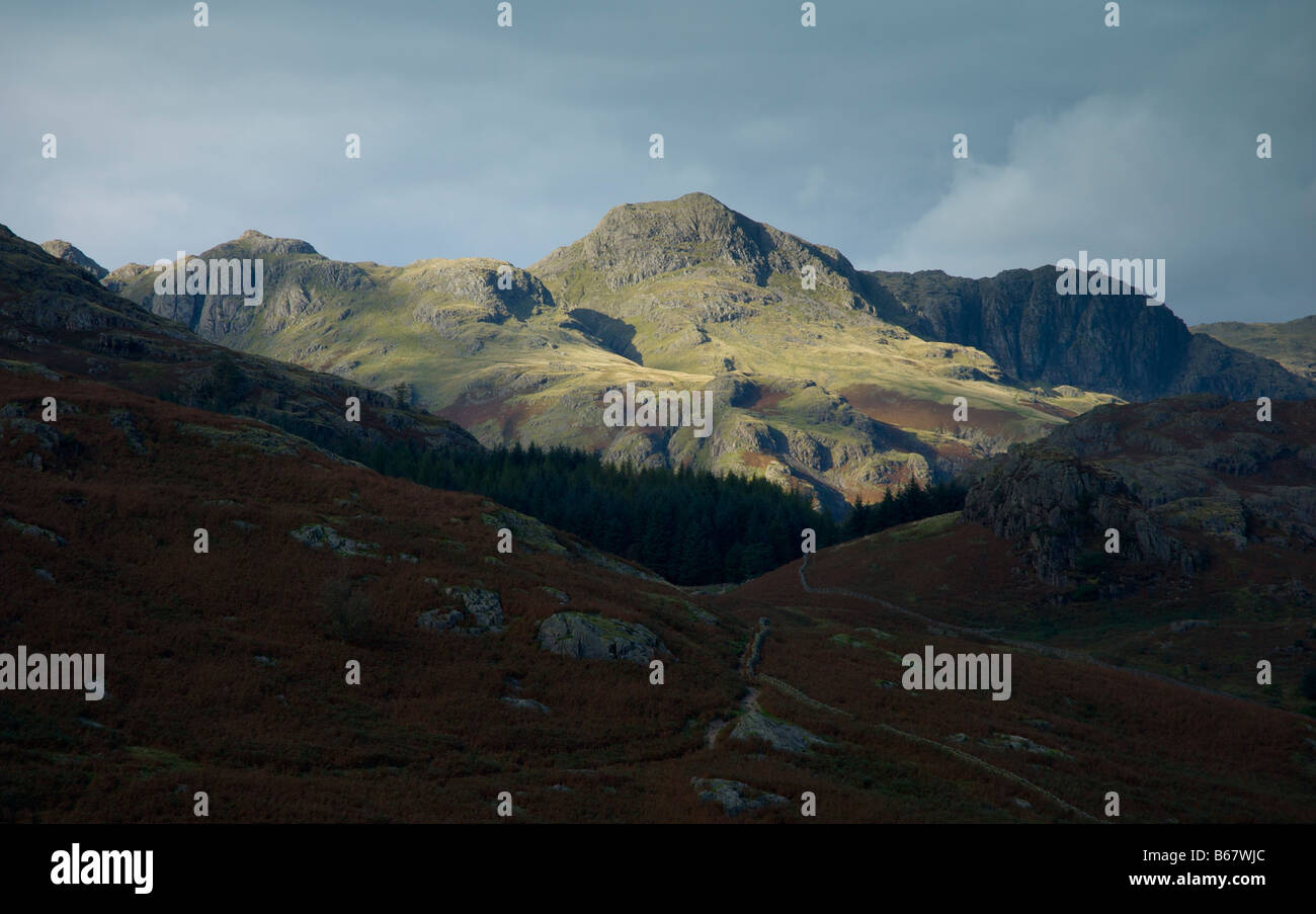 The Langdale Pikes visto dal Wrynose Pass, poco Langdale, Parco Nazionale del Distretto dei Laghi, Cumbria, England Regno Unito Foto Stock