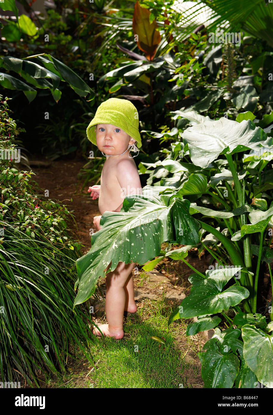 Little Boy in piedi nella giungla di piante Foto Stock