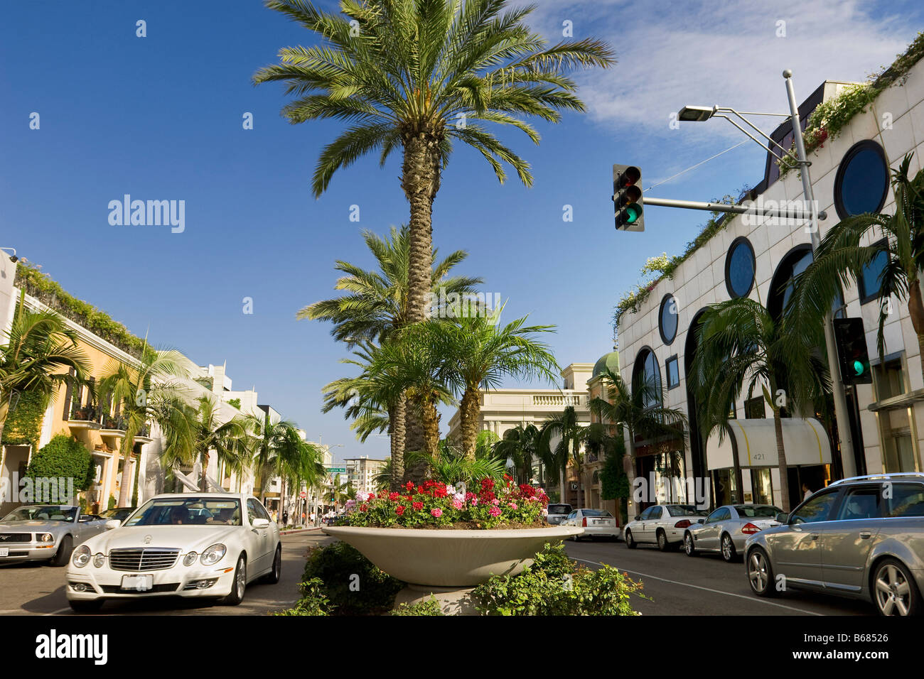 Vista di Rodeo Drive e Beverly Hills, in California, Stati Uniti d'America Foto Stock