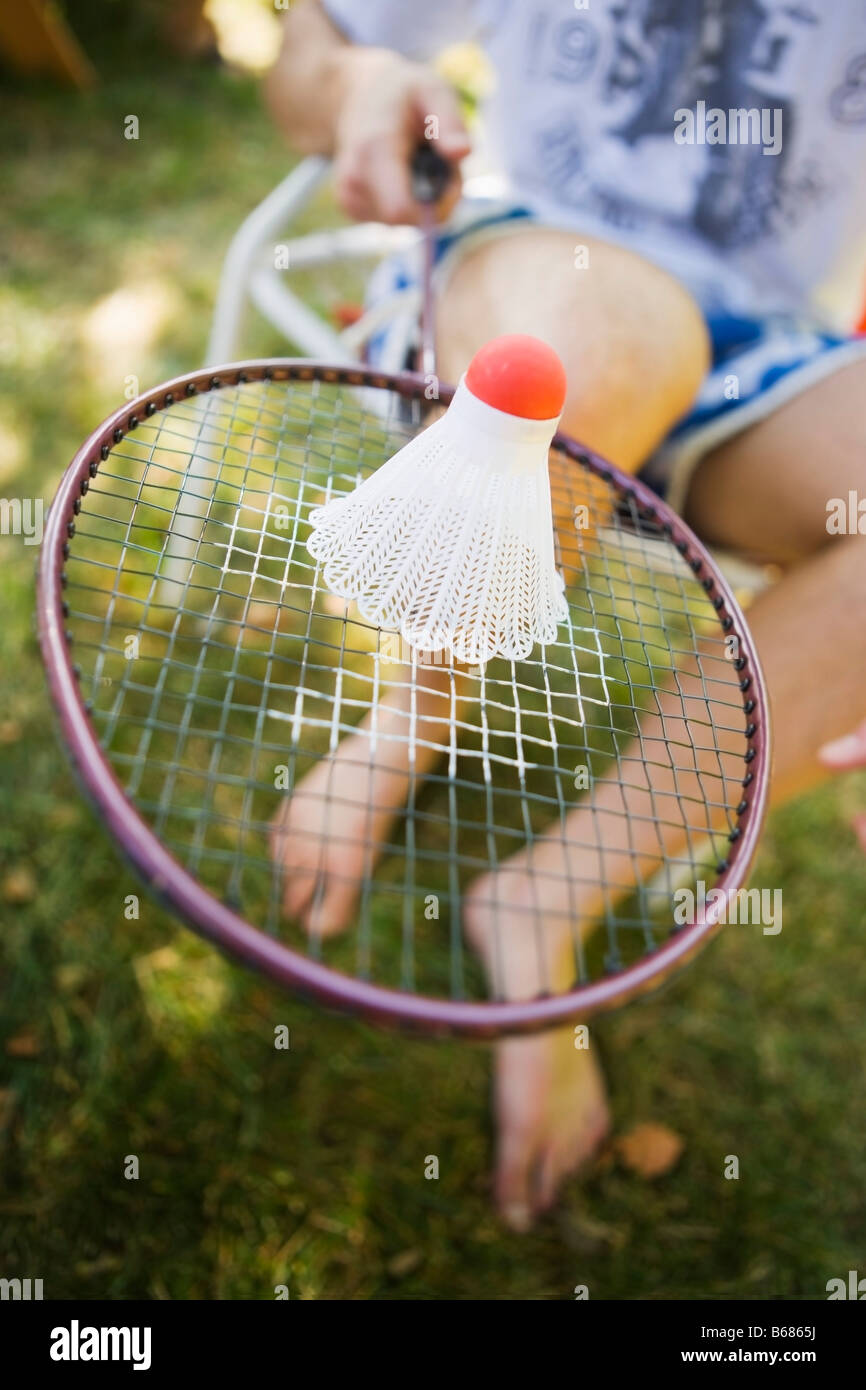 Badminton Birdie e raquet Foto Stock